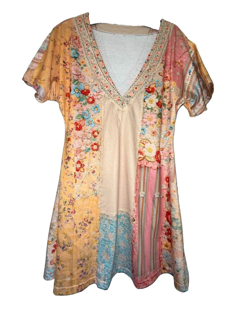 New Floral Patchwork Print Colorful Tunic Long Blouse, Boho Dress Size Small